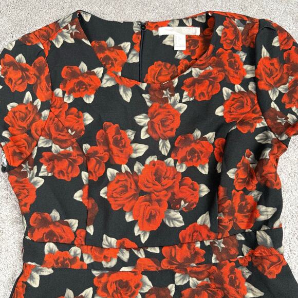 Black Red Rose Floral Mini Dress Size L Skater Romantic Grunge Forever 21 - Picture 4 of 5